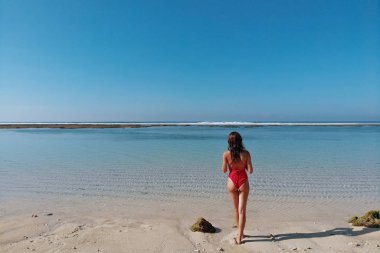 Kırmızı bikinili seksi popolu bir kadının mavi berrak su ve ormanlı beyaz kumlu tropikal plajın tadını çıkarışının arka görüntüsü. Bali Endonezya. Tropik arka plan ve seyahat kavramı