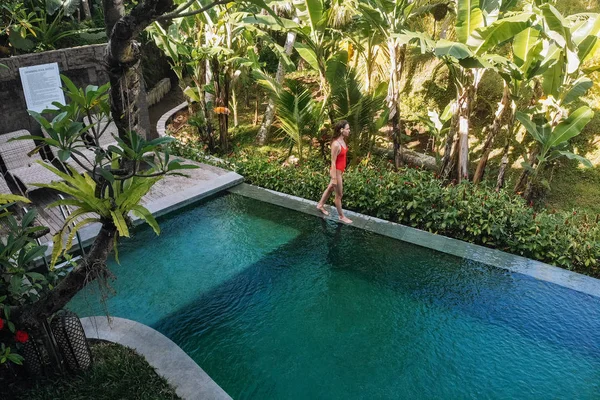 Mujer en bikini rojo en una piscina privada en Bali admira una hermosa vista de las palmeras.Vacaciones de lujo.Mujer descansando en la piscina en Bali. Concepto de vacaciones Espacio para texto —  Fotos de Stock