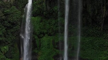 Close up Waterfall in green rainforest. Aerial view of waterfall Sekumpul in the mountain jungle. Drone going down. Bali,Indonesia. Travel concept. Aerial footage.