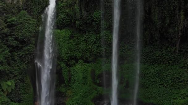 关闭瀑布在绿色的热带雨林。从空中俯瞰高山丛林中的瀑布塞肯布尔。无人机要坠落了印度尼西亚巴厘。旅行概念。空中录像. — 图库视频影像