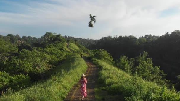 Flygdrönare flyger över Ung resenär kvinna i röd klänning och halm hatt promenader på Campuhan Ridge sätt artister, grönska väg i Bali, Ubud. — Stockvideo
