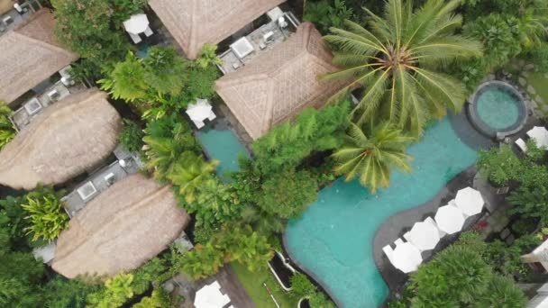 Drone aerial view of luxury hotel with straw roof villas and pools in tropical jungle and palm trees. Luxurious villa, pavilion in forest, Ubud, Bali — Stock Footage Drone aerial view of luxury hotel with straw roof villas and pools in tropical jungle and palm trees. Luxurious villa, pavilion in forest, Ubud, Bali Stock Footage