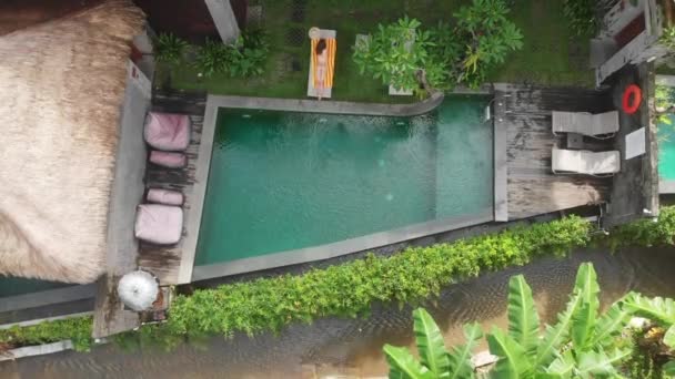 Aerial Drone top view of slim young woman in beige bikini relaxing and get sunbathe near swimming pool in chaise-longue in tropic villa with straw roof in Ubud. Vacation concept. — Stock Video