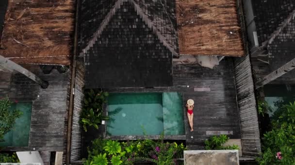 Aerial Drone zooming up View of unrecognizable Woman in red swimsuit relaxing near private pool on luxury villa with palm trees around, Bali. Tropical travel concept. — Stockvideo