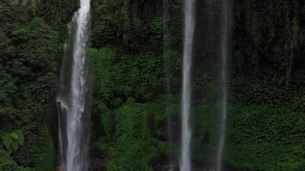 Sluiten Waterval in groen regenwoud. Luchtfoto van de waterval Sekumpul in de bergjungle. Er gaat een drone neer. Bali, Indonesië. Reisconcept. Luchtbeelden. — Stockvideo