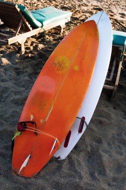 Okyanus kıyısındaki kumlu sahilde iki beyaz ve sarı sörf tahtası Bali.Endonezya. Kiralık kumsalda sörf tahtaları. Weligama sahilinde sörf dersleri, Sri Lanka