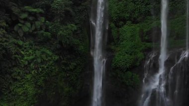 Yeşil yağmur ormanlarında şelale. Dağ ormanındaki Şelale Sekumpul 'un hava manzarası. Bali, Endonezya. Seyahat konsepti. Hava görüntüleri.