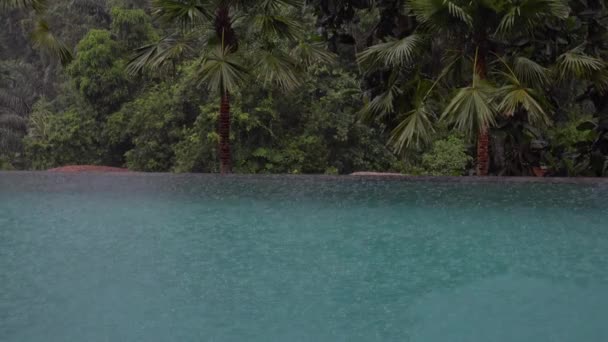 Chuva tropical de verão salpicando na piscina. Close up de piscina durante tempestade e gotas de chuva caindo na água. — Vídeo de Stock