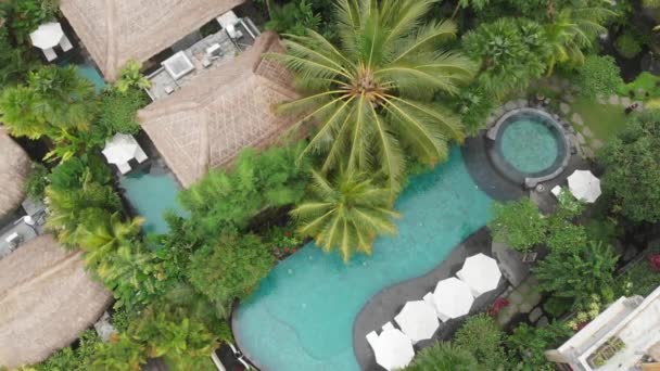 Um drone a subir. Vista aérea da água azul em piscinas em hotel de luxo com palha moradias telhado na selva tropical e palmeiras. Villa de luxo, pavilhão na floresta, Ubud, Bali — Vídeo de Stock