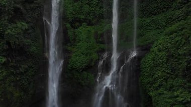 Close up Waterfall in green rainforest. Aerial view of waterfall Sekumpul in the mountain jungle. Drone going down. Bali,Indonesia. Travel concept. Aerial footage.