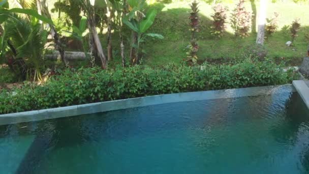 Vista aérea de arriba hacia abajo de la piscina Infinity en la lujosa isla exótica. Mujer caminando en el borde de la piscina y disfrutar de la vista de la selva con bikini rojo y sombrero. Concepto de vacaciones — Vídeos de Stock