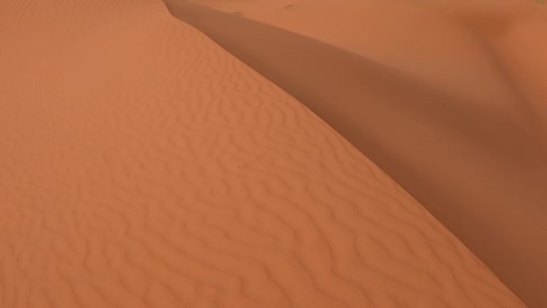 Zlatý písek uzavírá Saharskou poušť. Písečné arabské duny a modré nebe. Krásná pouštní krajina písečných dun vln. Přírodní zázemí, Maroko — Stock video