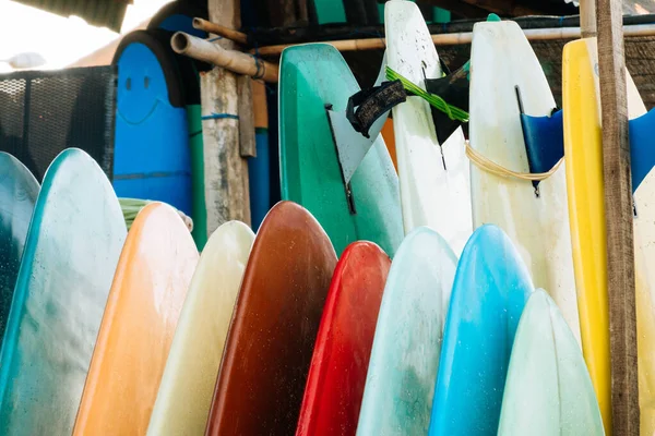 Set Colorful Surfboard Rent Beach Multicolored Surf Boards Different Sizes — Stock Photo, Image