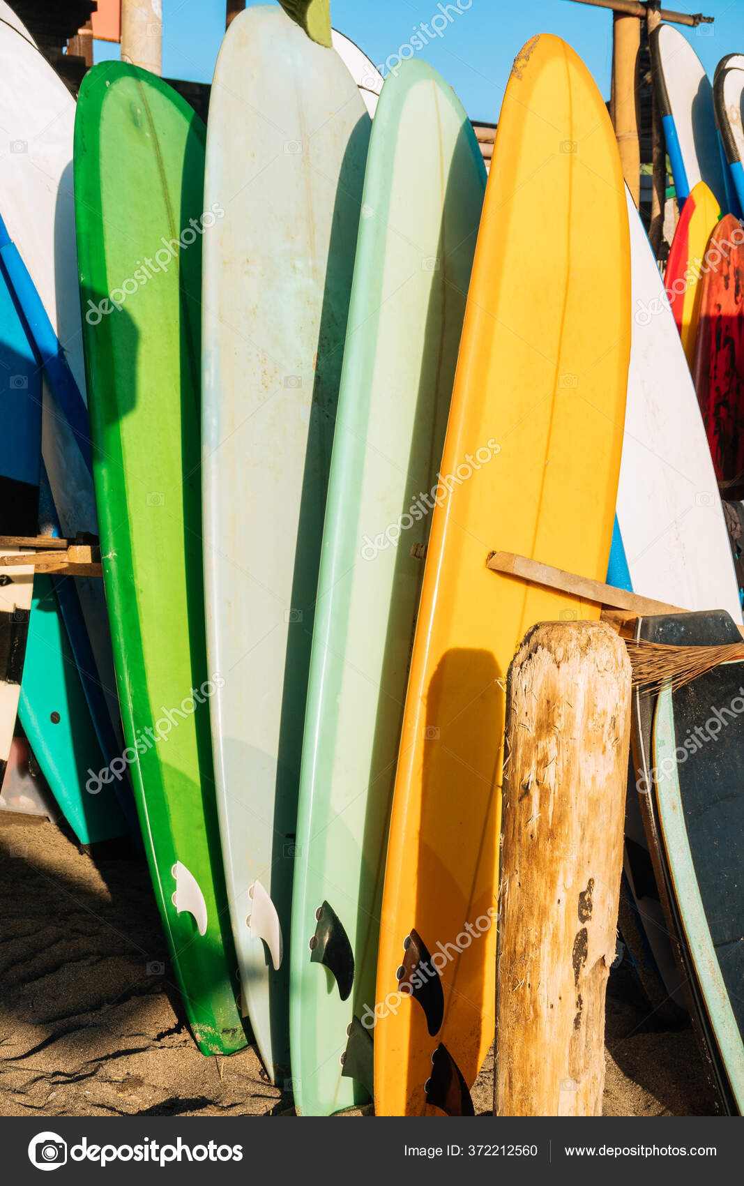 Set Different Color Surf Boards Stack Ocean Bali Indonesia Surf