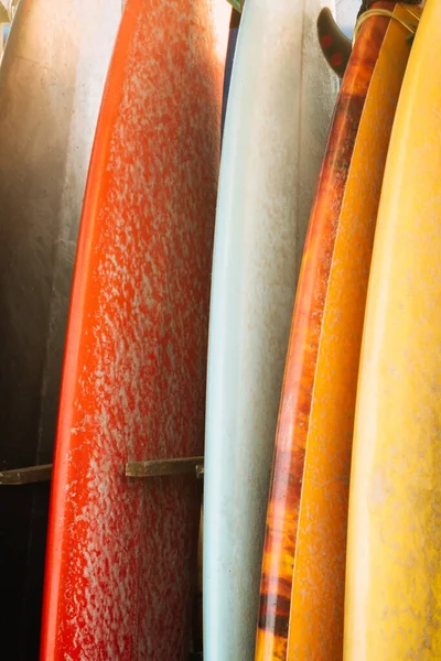 Set Multicolored Surf Boards Stack Ocean Bali Indonesia Red Orange — Stock Photo, Image