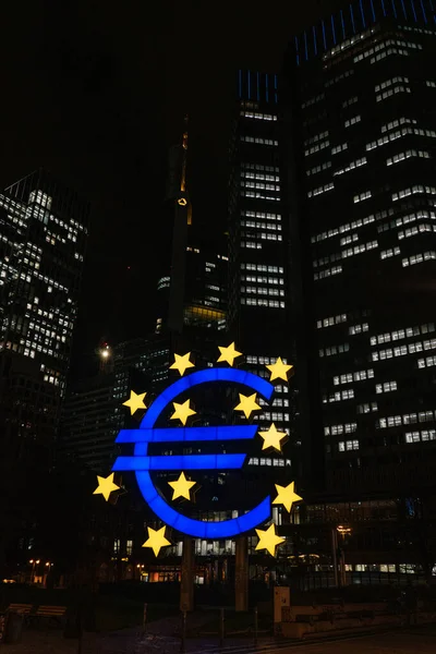 Frankfurt Main Niemcy Marzec 2020 Oświetlone Budynki Europejskiego Banku Centralnego — Zdjęcie stockowe