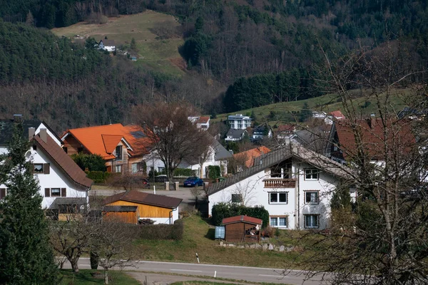 Pueblo Los Alpes Alemania Primavera Con Prados Verdes Bosques Casas —  Fotos de Stock