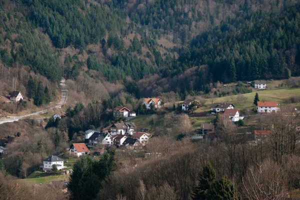 Panoramiczny Widok Wioskę Alpach Niemczech Wiosną Zielonymi Łąkami Lasem Ariel — Zdjęcie stockowe