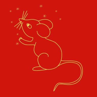 Kırmızı arka planda fare silueti. Hayvanın altın çizgisi. 2020 'nin sembolü faredir. Çin Yeni Yılı.