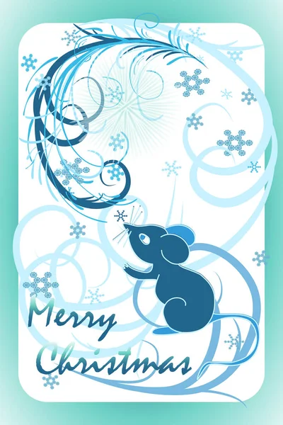 Tarjeta mágica para las vacaciones de Año Nuevo. Maravilloso ratón azul, nieve y dibujo helado en las ventanas. Texto Feliz Navidad. Ilustración vectorial para niños y adultos . — Vector de stock