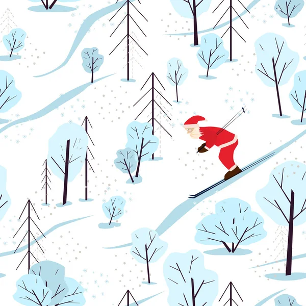 Kış ormanı ve Noel Baba 'yla kusursuz şenlik düzeni. Noel Baba kayak yapıyor. Köknar ve karlı ağaçlarla İskandinav manzarası. Düz çizgi film biçimi