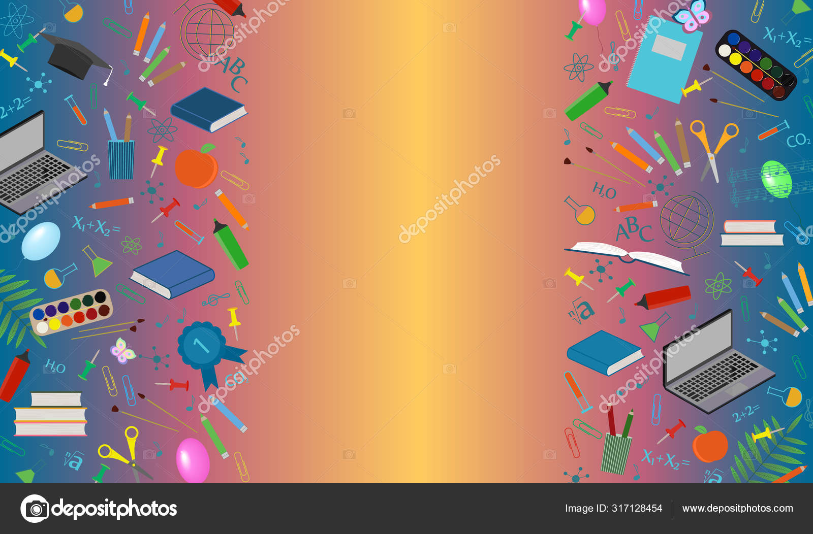 Blank poster with school subjects and a place for inscription. Colorful  background for September 1, the day of knowledge, Happy Teachers Day.  Colored cover with school symbols, flat Stock Vector Image by ©