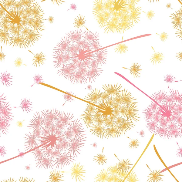 Patrón sin costuras de dientes de león voladores en colores rosa y amarillo. Textura floral sin fin de flores delicadas . — Vector de stock