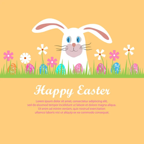 Veselé Velikonoce. Plakát s bílým králíkem v trávě s velikonočními vejci. Pozdrav, reklama, lovecké pozvánky pro děti. Hlava roztomilého velikonočního zajíčka. Plochá kreslená ilustrace — Stockový vektor