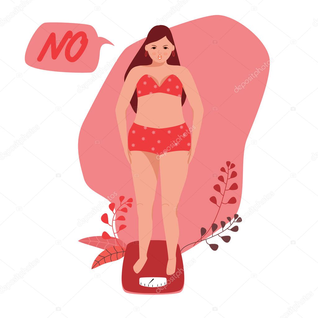 Beautiful young woman in underwear is standing on the floor scales. She gained weight. Weight loss and diet concept. Vector cartoon character of a woman. The problem of excess weight, suffering