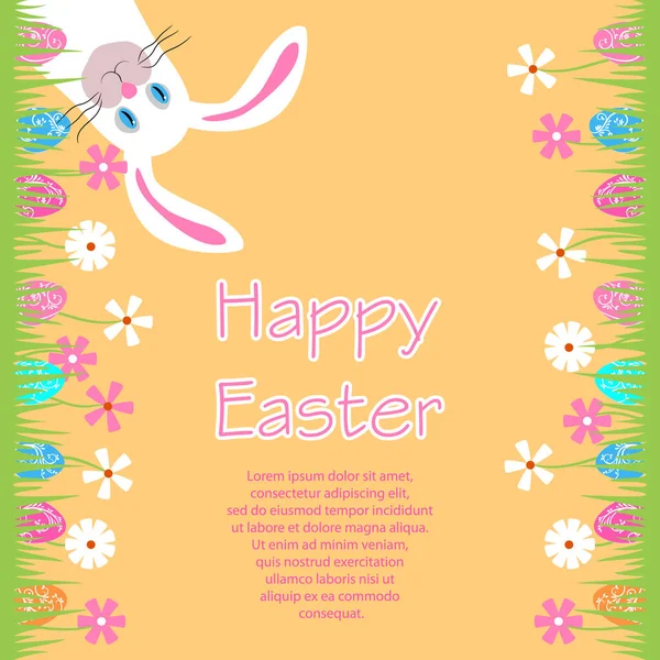 Vtipný velikonoční zajíček s růžovýma dlouhýma ušima. Veselý králík visí hlavou dolů. Pozdrav, pozvánka na lov velikonočních vajec. Slavnostní reklama s vejci. Veselé Velikonoce - písmena. — Stockový vektor