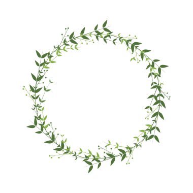 Elegant delicate wreath with green leaves and twigs with berries. Border isolated on a white background. Laconic spring logo, symbol. Round frame with place for text