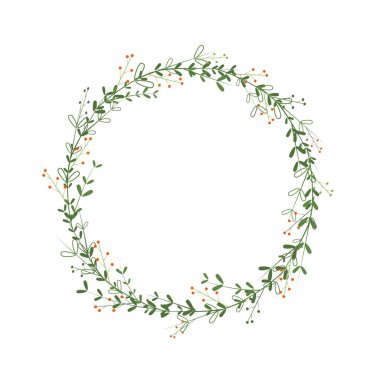 Round frame of green twigs, leaves and orange berries. Design template for logo, invitation, greetings. Laconic stylish wreath. Border in a minimalist style. Vector illustration