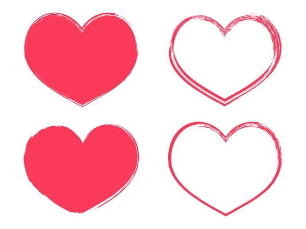 Set of four hearts of red color. Hearts with jagged edges and a contour pattern. Grunge texture for valentines day. Vector illustration