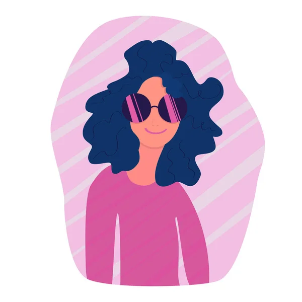 Ritratto del fumetto di una giovane ragazza con i capelli ricci. La donna ha i capelli blu e una camicetta rosa, grandi occhiali rotondi viola. Il volto di una allegra ragazza gioiosa. Avatar. Illustrazione piatto — Vettoriale Stock