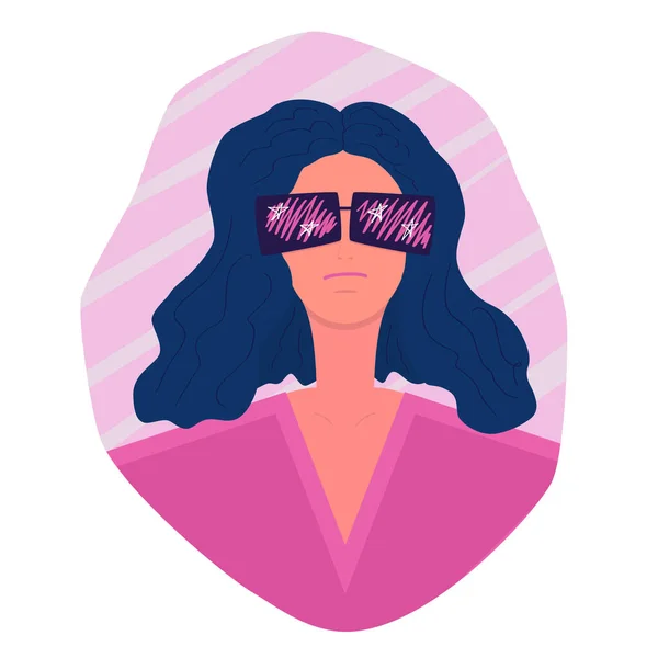 Porträt einer jungen Frau in rosa Bluse und lila großer Brille. stolzes selbstbewusstes Gesicht des Mädchens. ernsthafter Mund zu. Zeichentrickfigur. Design von Avatar-Icons für soziale Netzwerke — Stockvektor