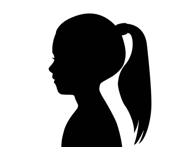 Silhouette noire de la tête d'une fille. Profil d'enfant. Cheveux longs tirés dans une queue de cheval. Silhouette féminine. Dessin isolé sur fond blanc. Illustration vectorielle — Image vectorielle