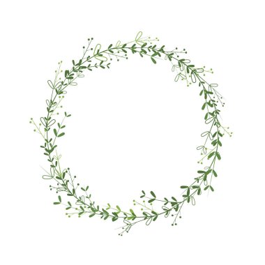 Yeşil yapraklı, dallı, böğürtlenli çelenk şablonu. Selamlar, logolar, afişler, davetiyeler için vektör sınır tasarımı. Dekorasyon elementi olarak çiçek çerçevesi