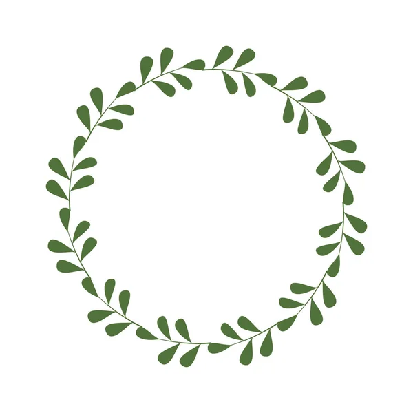Yeşil dal ve yapraklardan oluşan yuvarlak bir çerçeve. Logo, davetiye ve selamlama için tasarım şablonu. Lakonik stil çelengi. Minimalist tarzda sınır. Vektör illüstrasyonu