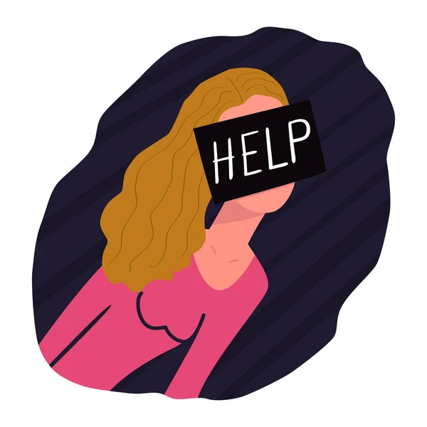 Het meisje vraagt om hulp. Op het gezicht is een zwart vierkant met de tekst Help. Begrip seksueel misbruik, psychologisch trauma, geweld tegen mensen. Onvermogen om het probleem op te lossen — Stockvector