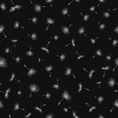 Uçan karahindiba tohumları. Kusursuz desen. Uçan karahindibalarla siyah beyaz çizimler. Kumaş için çiçek dokusu, moda tasarımı, dekoratif elementler. Vektör arkaplanı