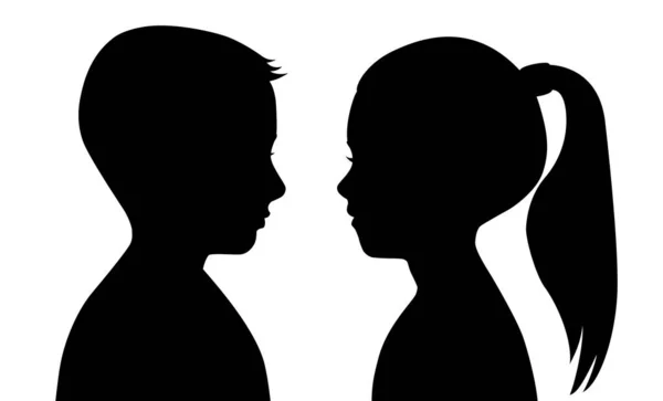 Μαύρη σιλουέτα αγοριού και κοριτσιού σε λευκό φόντο. Τα πρόσωπα κοιτάζονται μεταξύ τους. Εικονογράφηση διάνυσμα ενός περιγράμματος του κεφαλιού. Προφίλ ανδρών και γυναικών. Παιδιά, έφηβοι. — Διανυσματικό Αρχείο
