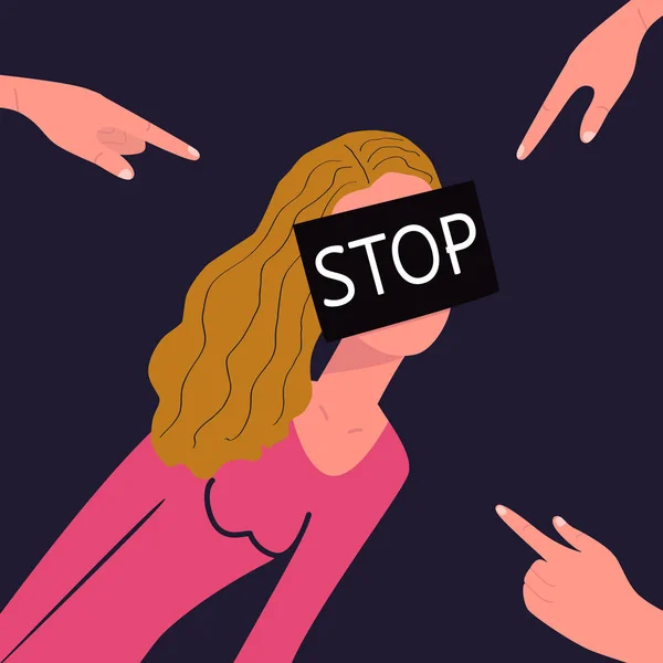 Stop met pesten, geweld. Bang meisje verbergt haar gezicht onder een zwarte poster met de woorden Stop. De handen van de achtervolgers wijzen naar haar. Concept van psychologisch trauma. Vectorillustratie — Stockvector