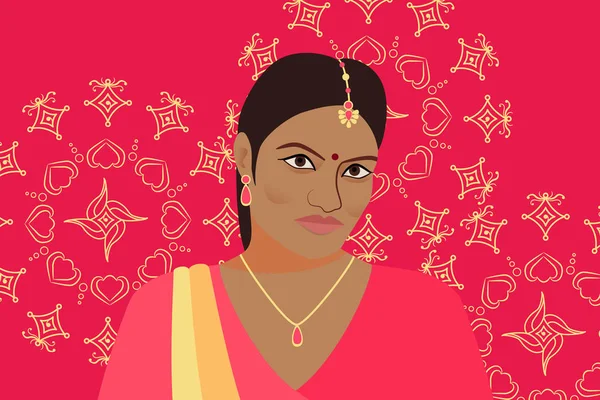 Beautiful Indian woman on bright pink background with rangoli. Abstract female image. India girl in pink sari, gold jewelry, bindi, pendant on her head - teak. Vector portrait of an indian woman. — Stock Vector