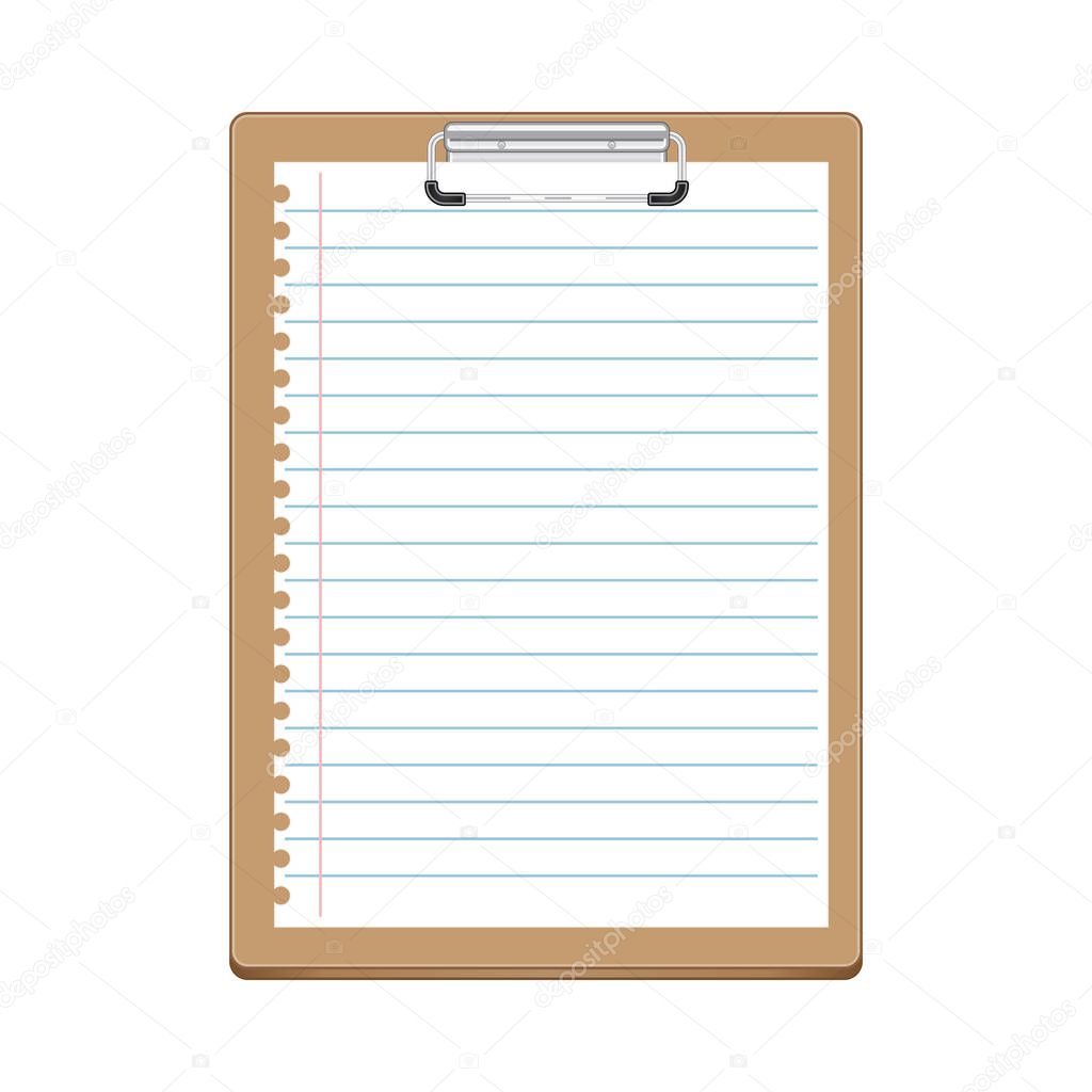 Beige clipboard with lined white sheet of notebook. White paper with lines - template for notes, checklist, questionnaire, reminders. Realistic clipboard design with metal clip and paper.