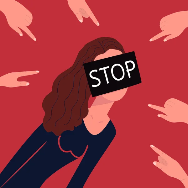 Stop met pesten. Concept. Vingers wijzen naar een dun meisje. Haar gezicht is verborgen onder een zwart vierkant met het woord Stop. Het anonieme karakter van een gepest tiener. Betrekkingen in de samenleving. — Stockvector