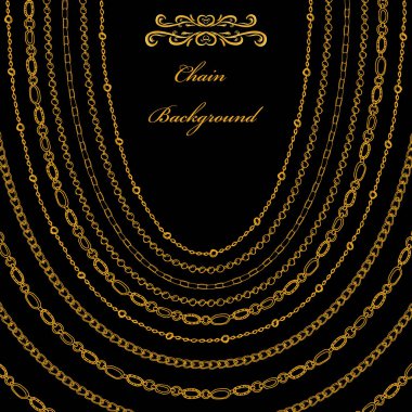 Reklamcılık, mücevher işi, moda koleksiyonu için zincir ve boncuklardan arkaplan. Vektör
