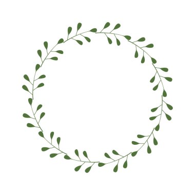 Yeşil dal ve yapraklardan oluşan yuvarlak bir çerçeve. Logo, davetiye ve selamlama için tasarım şablonu. Lakonik stil çelengi. Minimalist tarzda sınır. Vektör hisse senedi çizimi. Beyaz arkaplanda izole