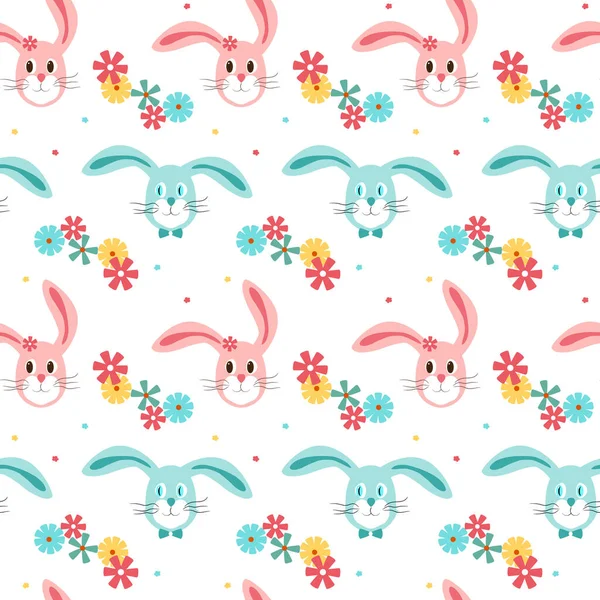 Patrón sin costuras con lindos conejitos y flores. Textura de Pascua para decoración navideña. Fondo infinito para ropa de bebé, habitación de niños. Liebres rosadas y azules. Ilustración vectorial sobre fondo blanco — Vector de stock