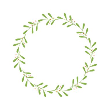 Yapraklı ve meyveli yeşil dallardan oluşan yuvarlak bir çerçeve. Logo, davetiye ve selamlama için tasarım şablonu. Lakonik stil çelengi. Minimalist sınır. Yaprak döken çelenk. Vektör illüstrasyonu