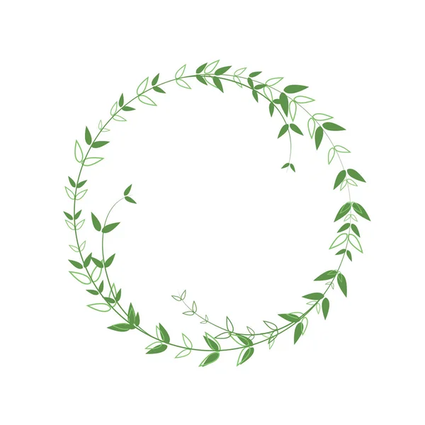 Beautiful round frame with green foliage. Neat border in minimalist style. Vector logo element. Wreath with contour leaves and solid. Design template for invitations, greetings, logo — Stock Vector